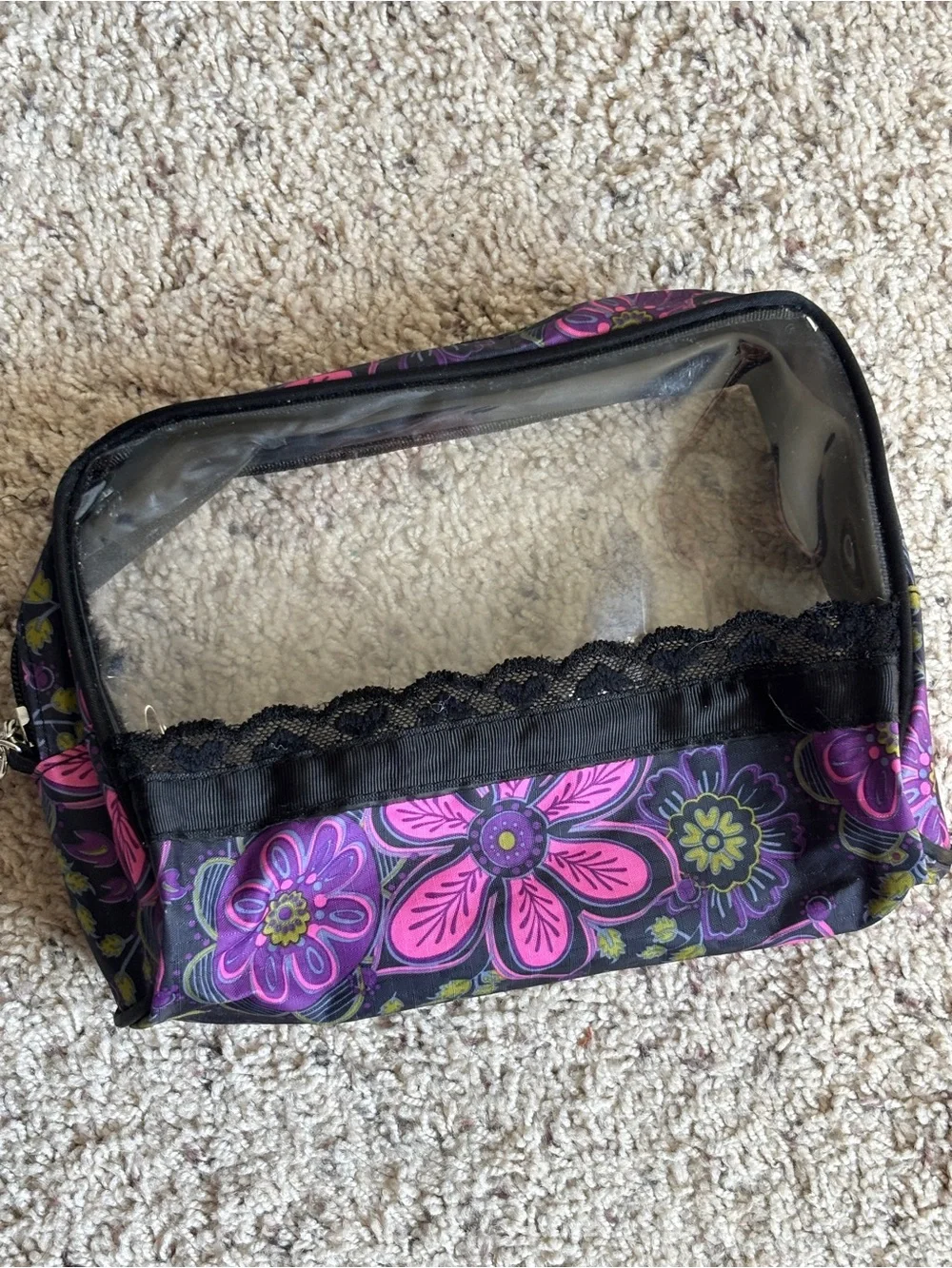 Clear Floral Cosmetic Pouch - Black with Pink & Purple Flowers